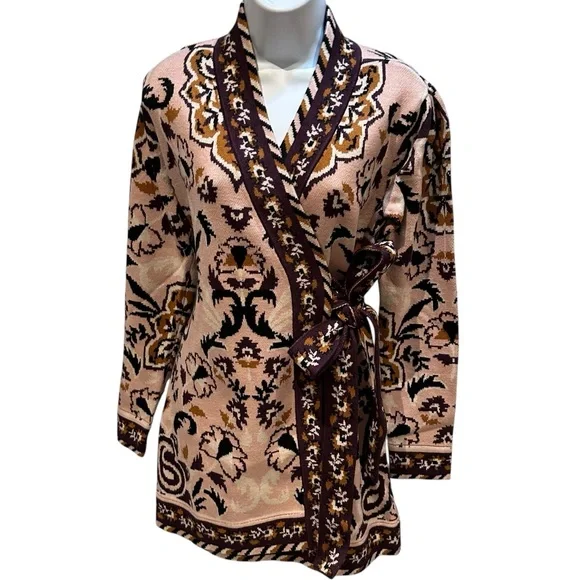FARM RIO Glam Tapestry Knit Wrap Floral Sweater Mini Dress Cardigan Small New - Picture 7 of 16